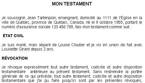 Testament - Extrait première page du testament