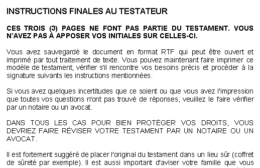 Testament - Extrait des instructions et renseignements au testataire